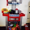 red & blue kitchen