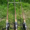 three custom built carp rods with bait runner
