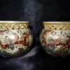 PAIR VINTAGE ORIENTAL FILAGREE POTTERY BOWLS SIGNED